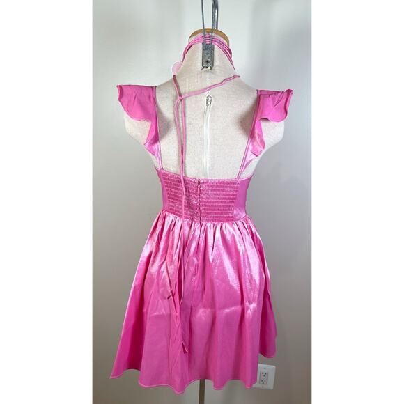 For Love & Lemons Lala Lace Up Heart Choker Ruffle Pink Mini Dress Size S - Picture 10 of 12